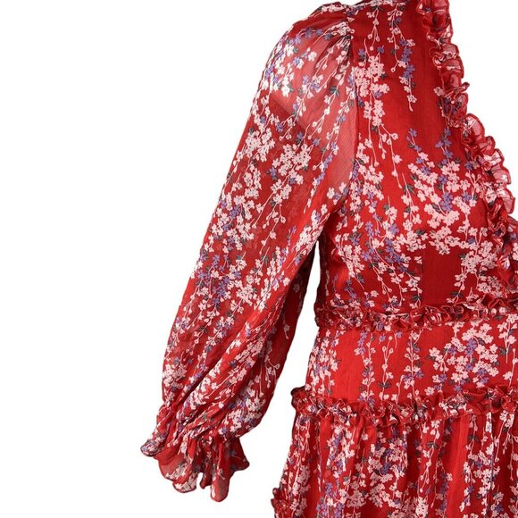Selfie XL NWT Floral Open Back Ruffle Chiffon Dress Red Long Sleeve Deep V Neck - Picture 9 of 16